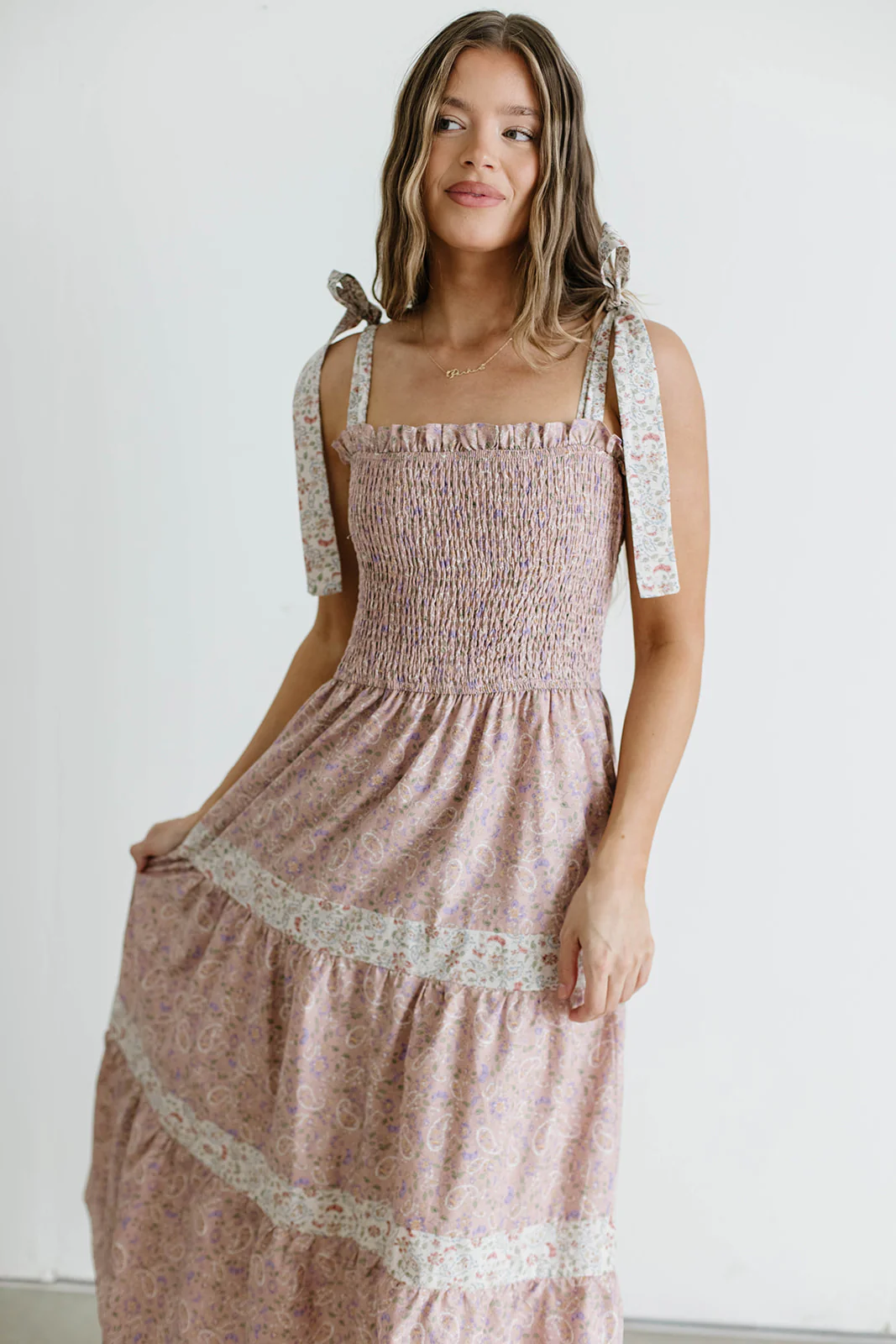 Paisley Tiered Midi Dress in Nude Pink - Image 3