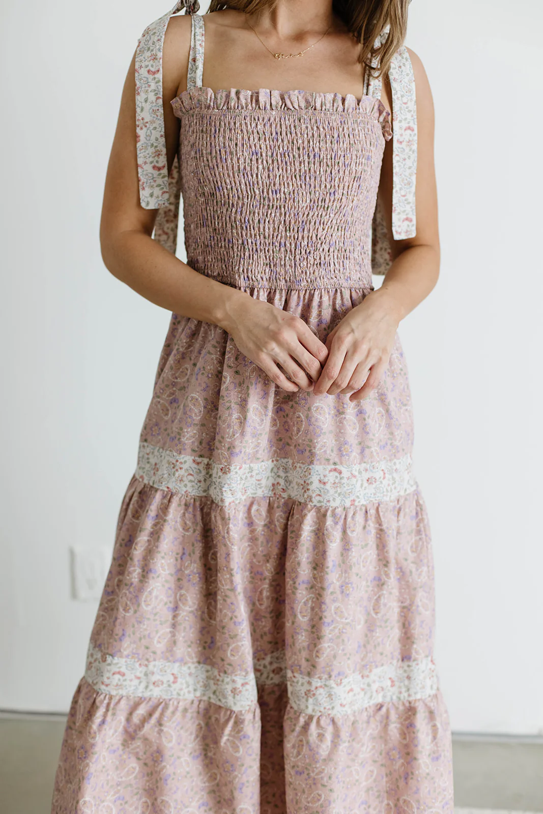 Paisley Tiered Midi Dress in Nude Pink - Image 4