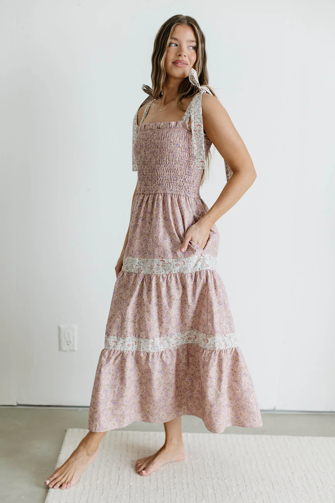 Paisley Tiered Midi Dress in Nude Pink - Image 5