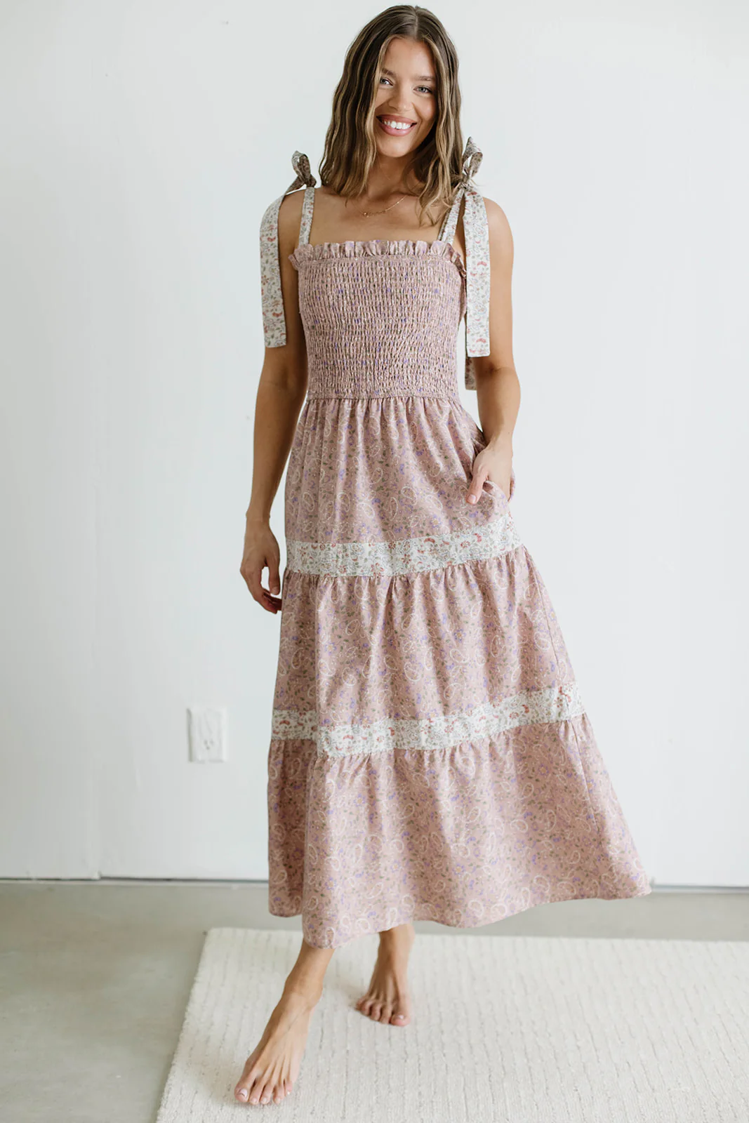 Paisley Tiered Midi Dress in Nude Pink - Image 6