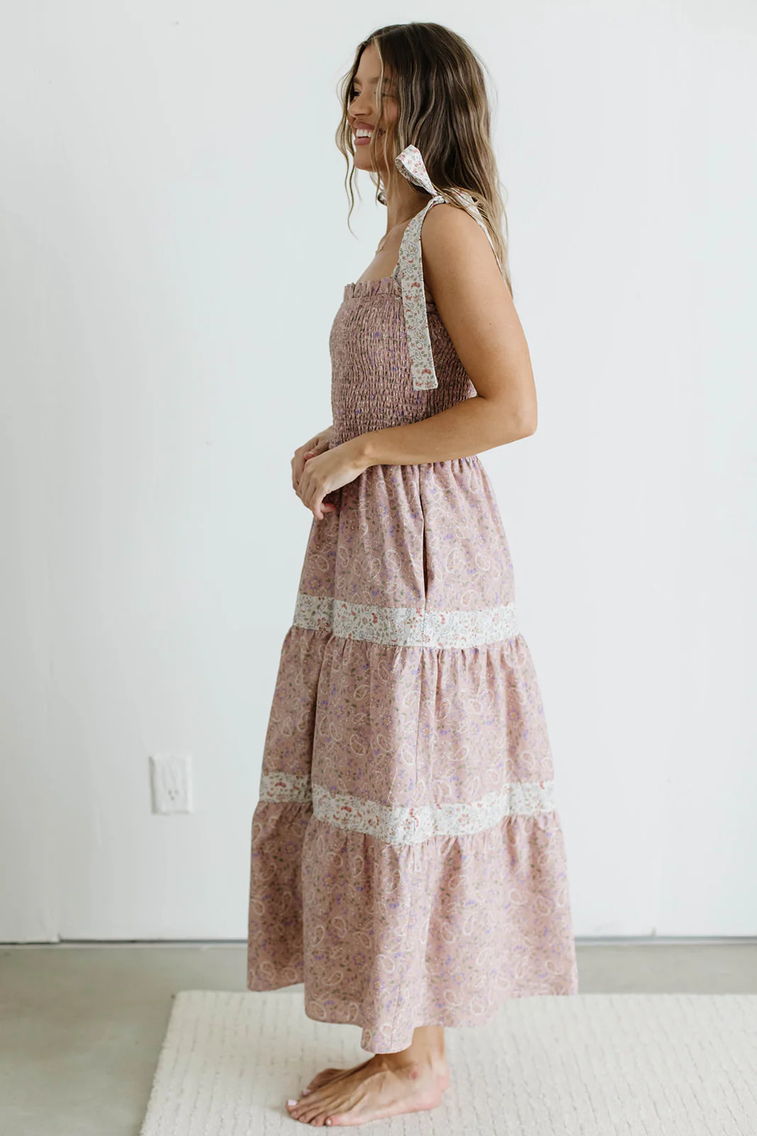 Paisley Tiered Midi Dress in Nude Pink - Image 7