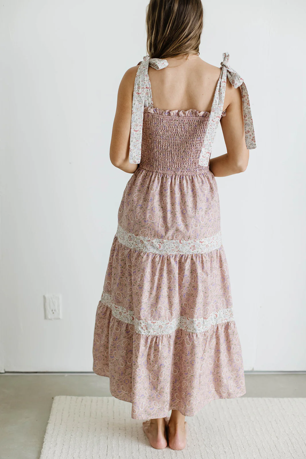 Paisley Tiered Midi Dress in Nude Pink - Image 8