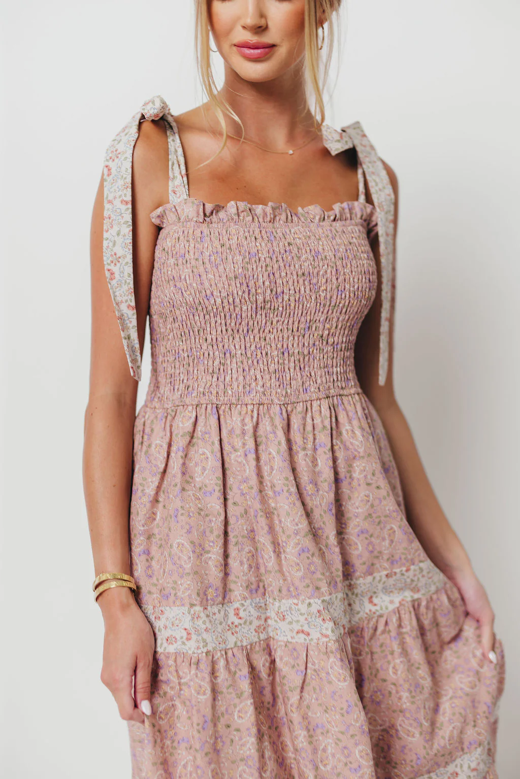 Paisley Tiered Midi Dress in Nude Pink - Image 9