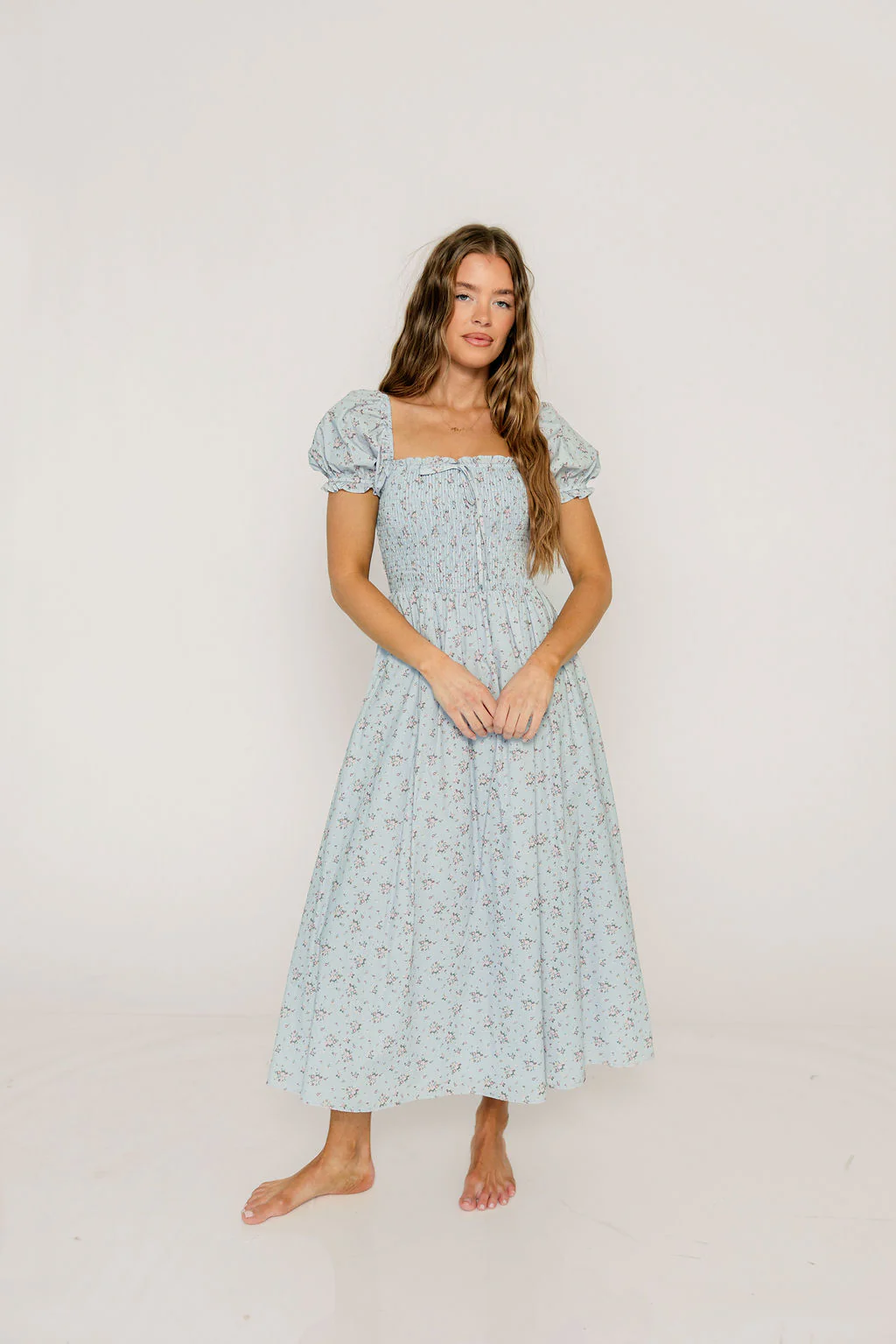 Nya 100% Cotton Smocked Midi Dress in Blue Multi Floral