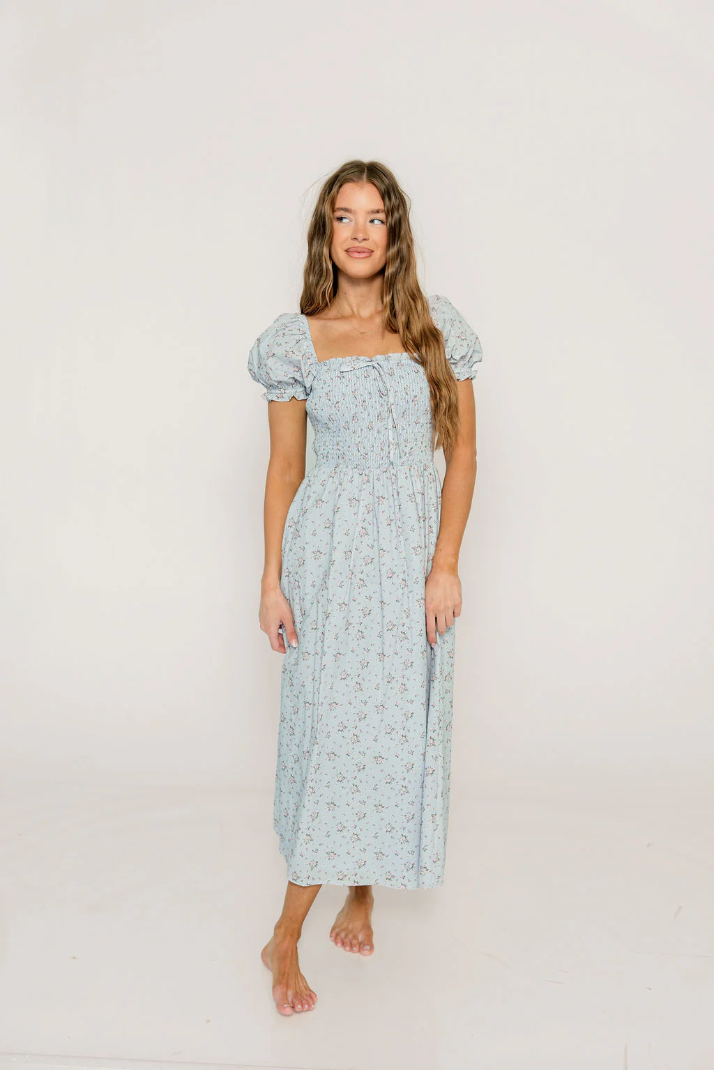 Nya 100% Cotton Smocked Midi Dress in Blue Multi Floral - Image 2