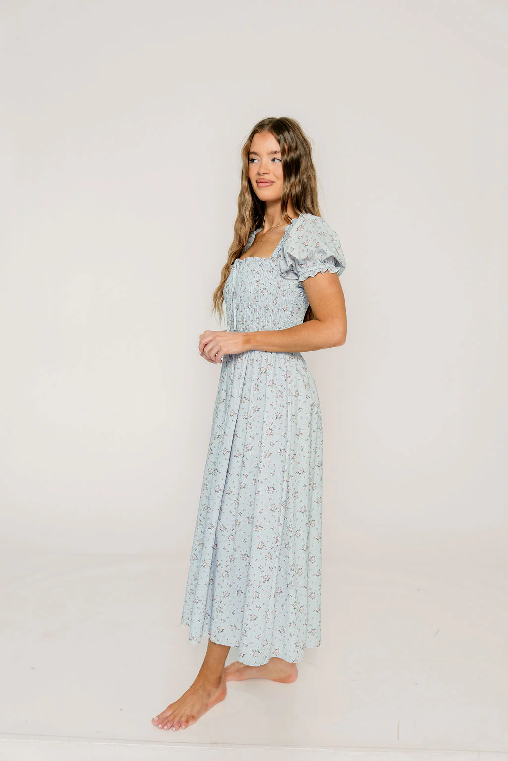 Nya 100% Cotton Smocked Midi Dress in Blue Multi Floral - Image 3