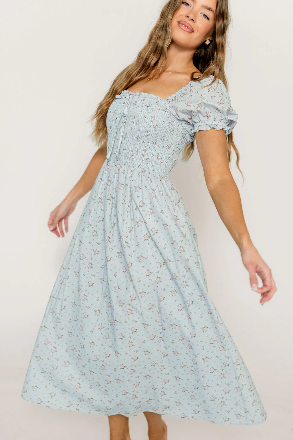 Nya 100% Cotton Smocked Midi Dress in Blue Multi Floral - Image 4