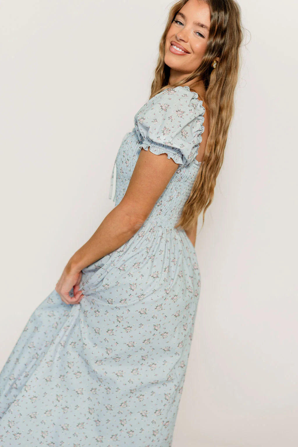 Nya 100% Cotton Smocked Midi Dress in Blue Multi Floral - Image 5