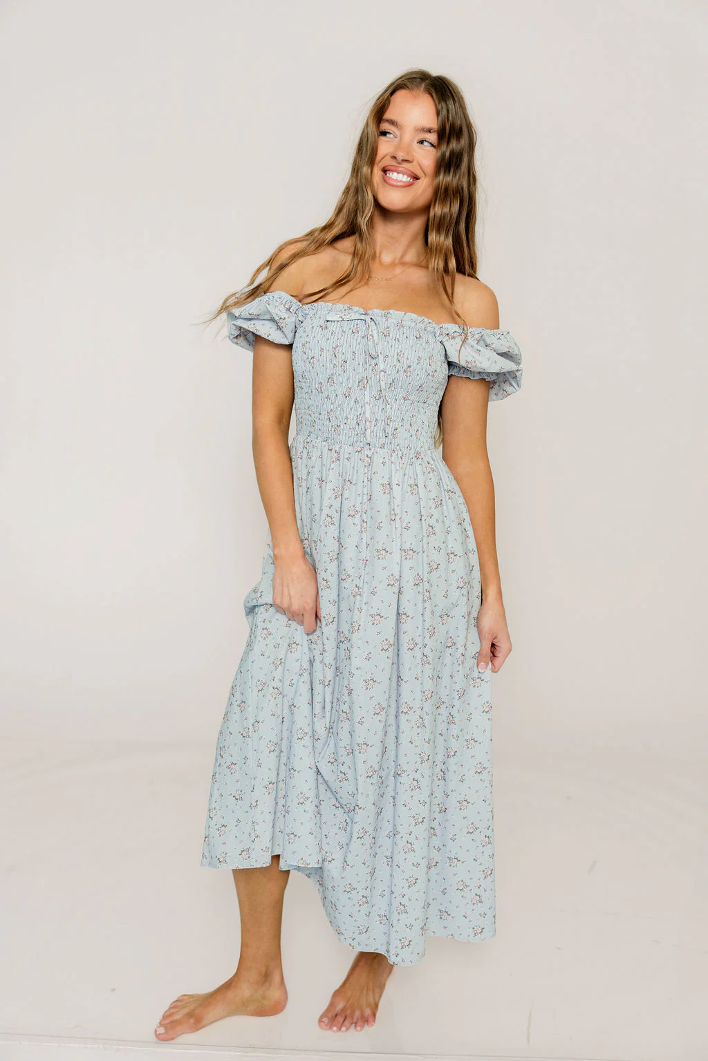 Nya 100% Cotton Smocked Midi Dress in Blue Multi Floral - Image 7