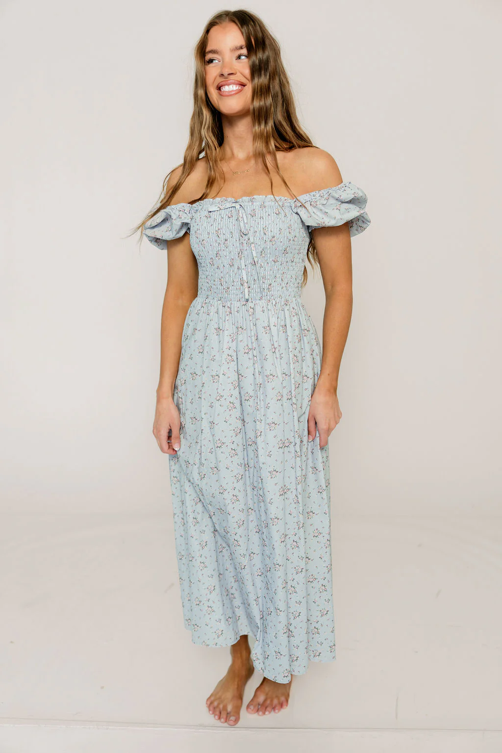 Nya 100% Cotton Smocked Midi Dress in Blue Multi Floral - Image 8
