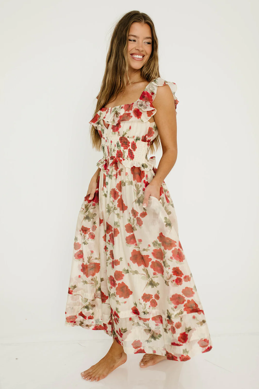 Pamela Floral Midi Dress in Red - Image 13