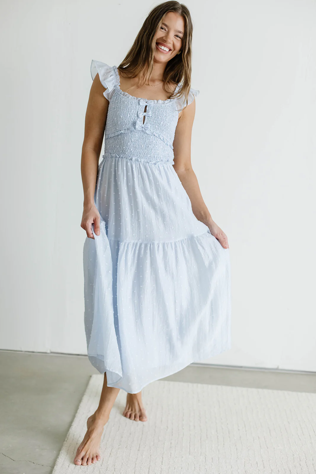 Porter Clip Dot Ruffle Detail Smocked Midi Dress in Light Blue