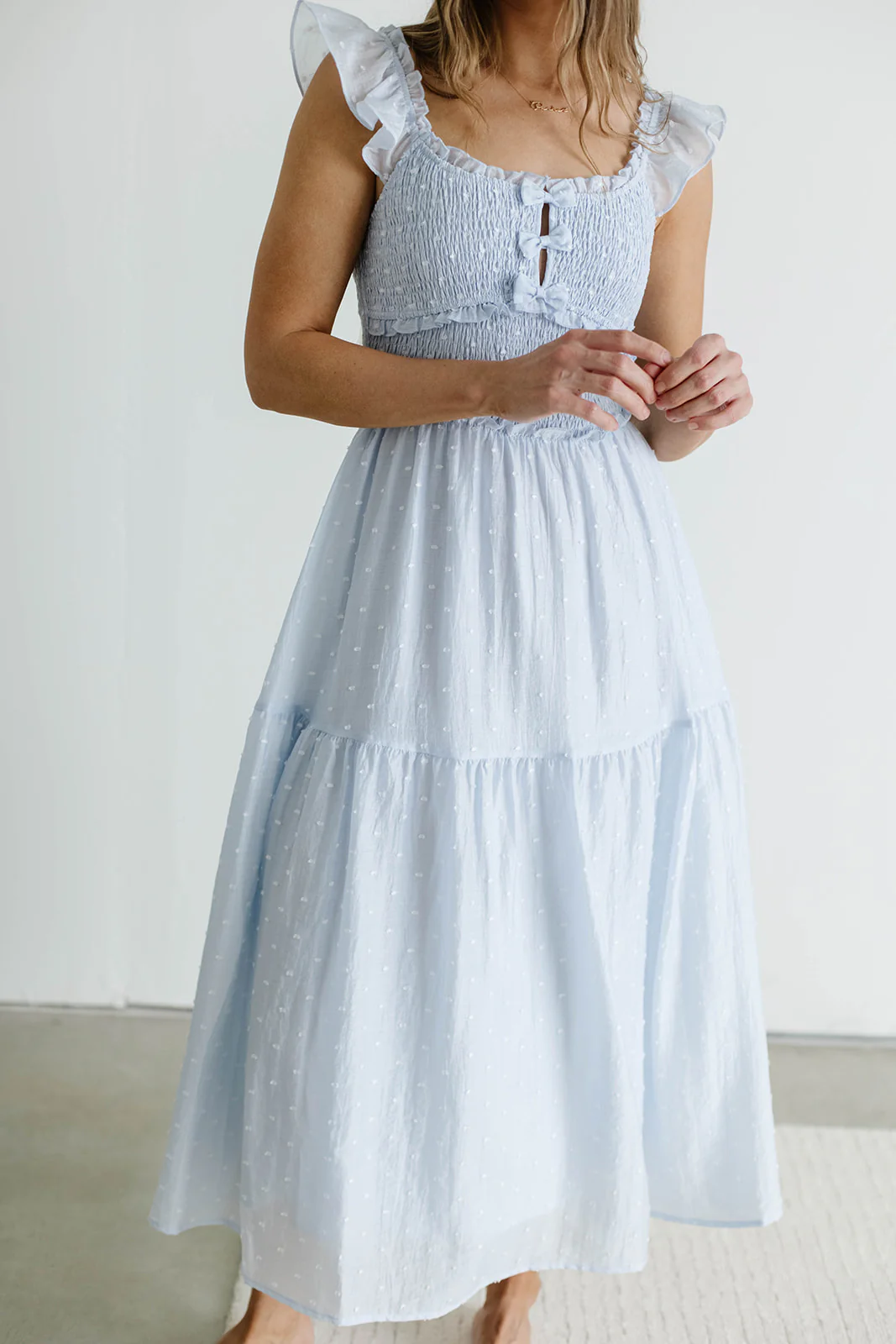 Porter Clip Dot Ruffle Detail Smocked Midi Dress in Light Blue - Image 2