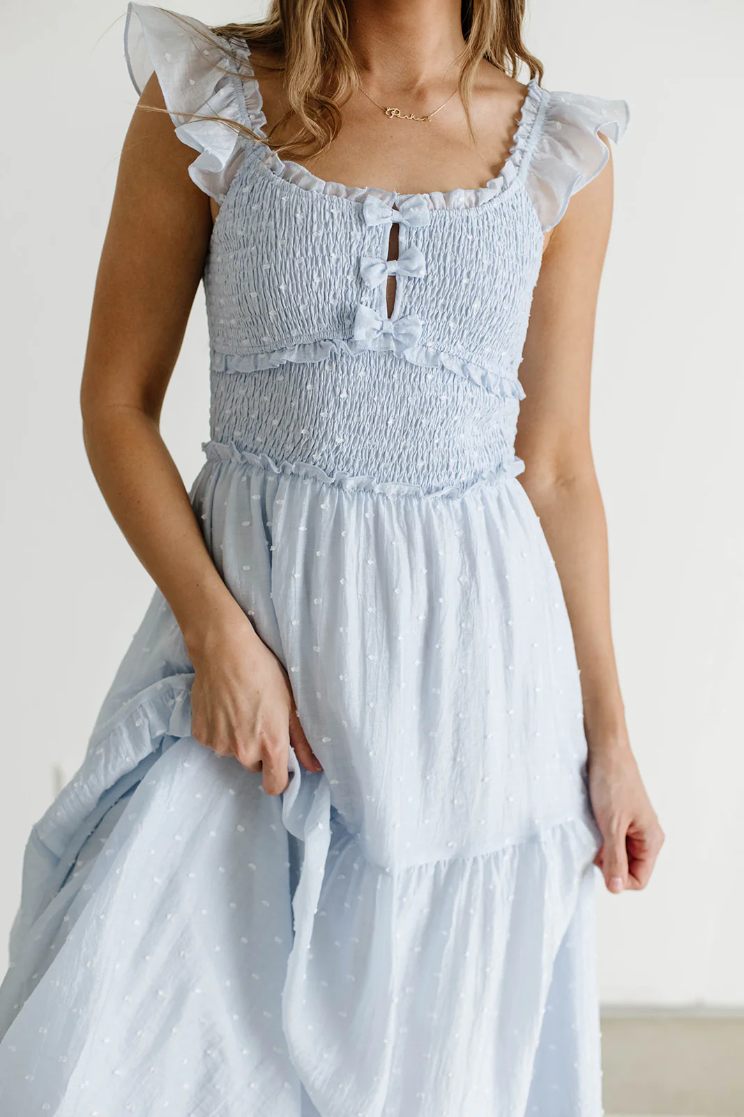 Porter Clip Dot Ruffle Detail Smocked Midi Dress in Light Blue - Image 3