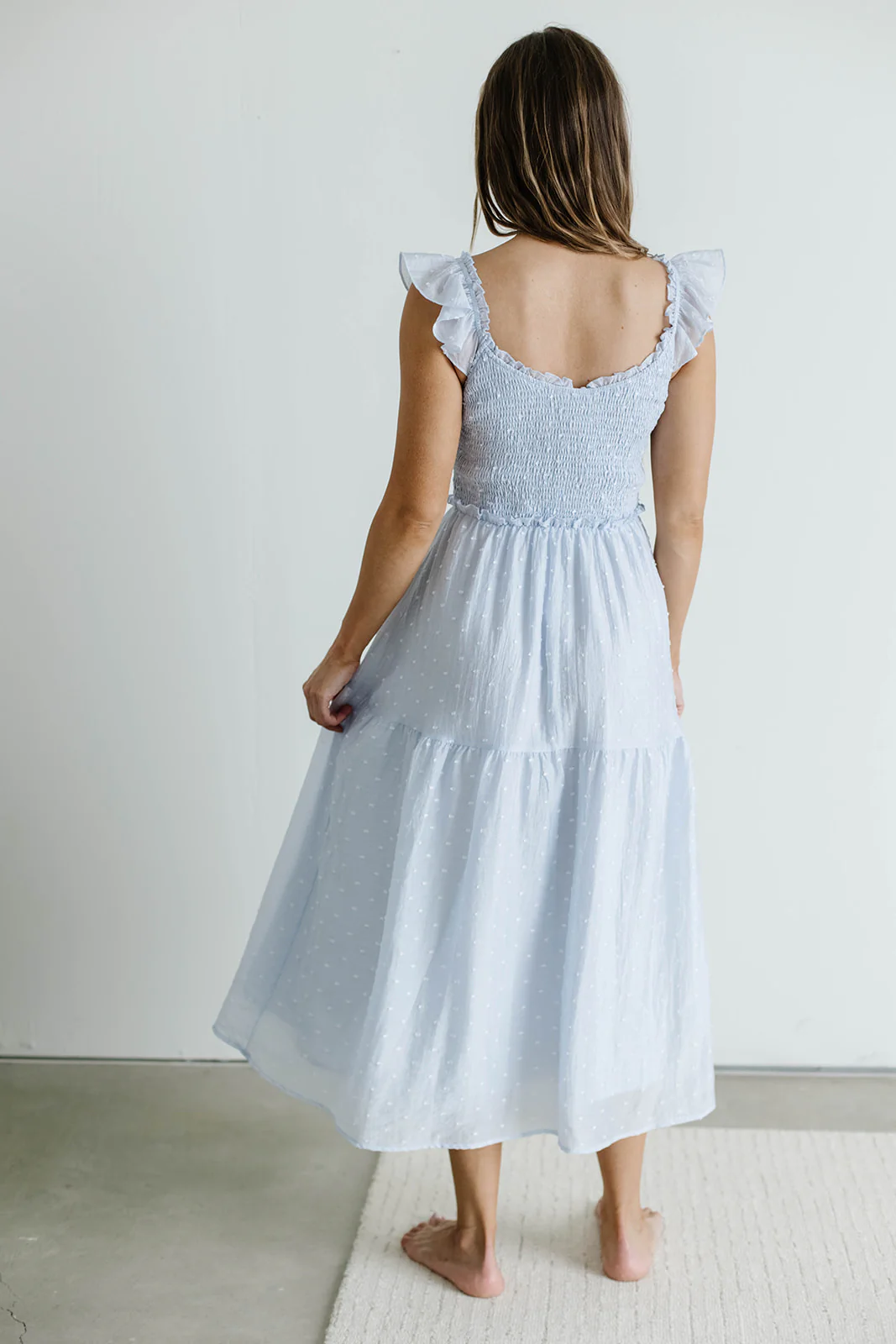 Porter Clip Dot Ruffle Detail Smocked Midi Dress in Light Blue - Image 4