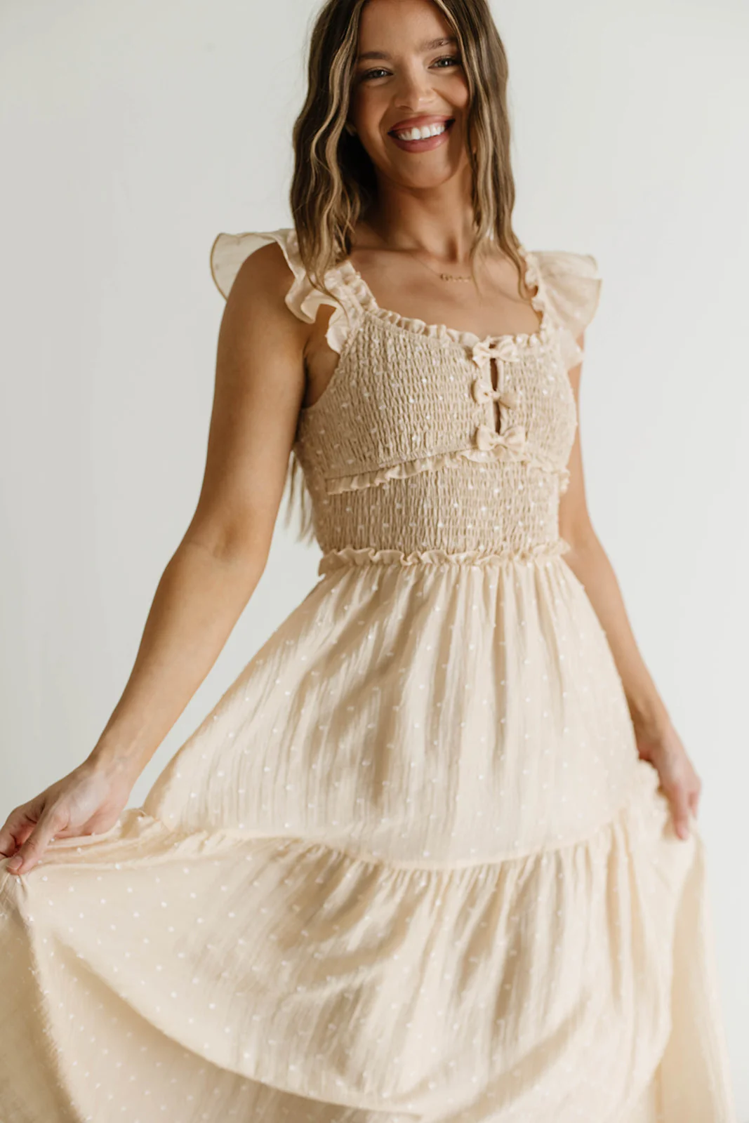 Porter Clip Dot Ruffle Detail Smocked Midi Dress in Taupe