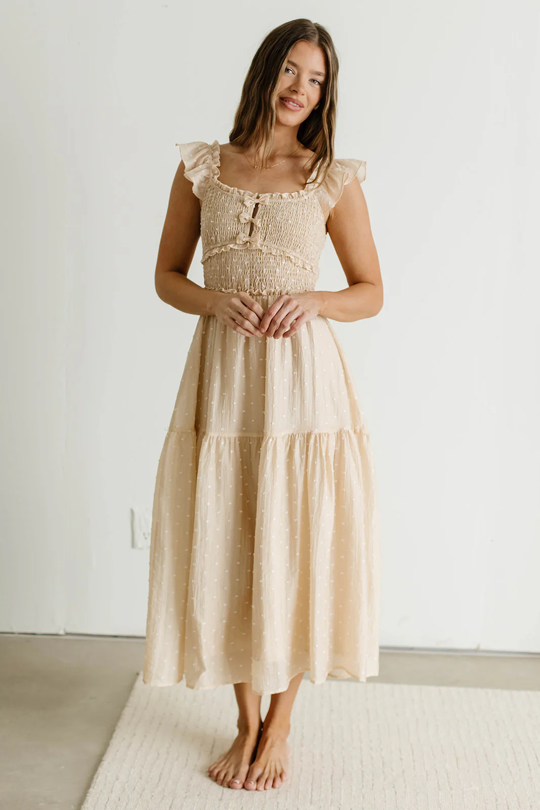 Porter Clip Dot Ruffle Detail Smocked Midi Dress in Taupe - Image 2