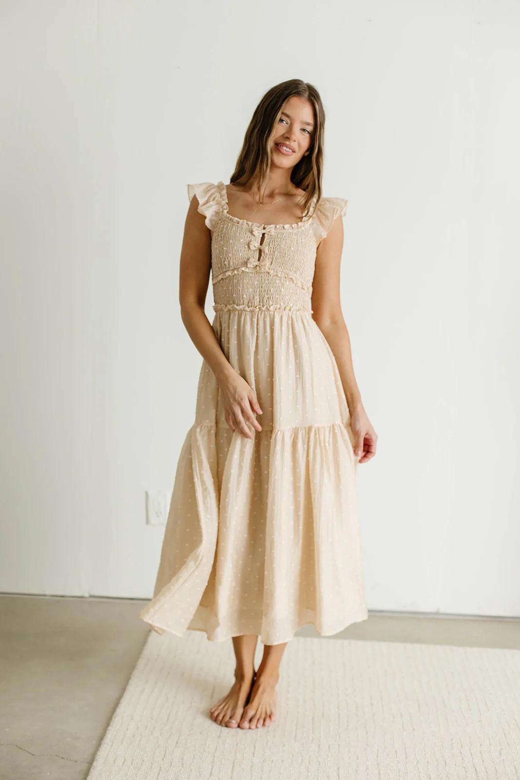 Porter Clip Dot Ruffle Detail Smocked Midi Dress in Taupe - Image 3