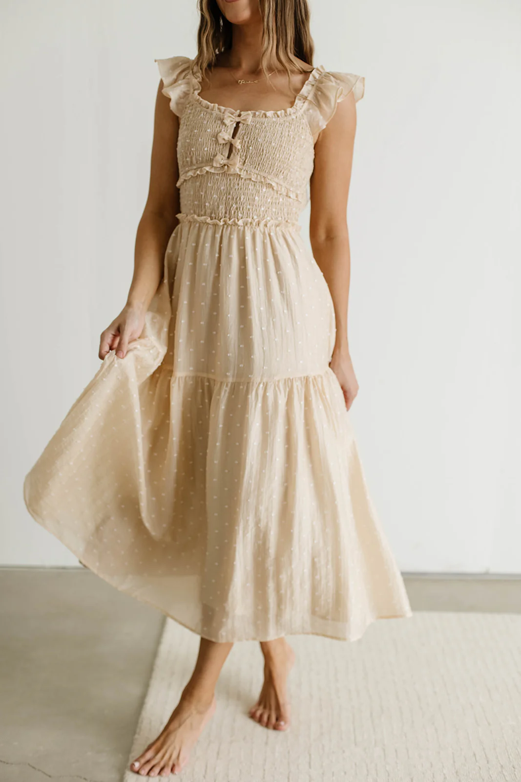 Porter Clip Dot Ruffle Detail Smocked Midi Dress in Taupe - Image 4