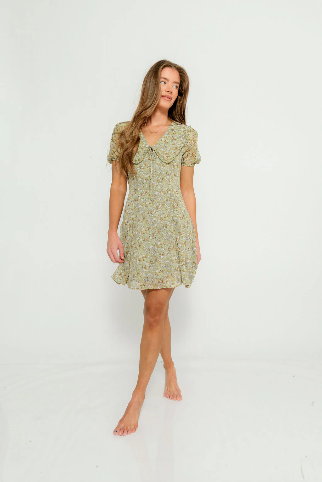 Samantha Floral Doll Collar Mini Dress in Fern - Image 4
