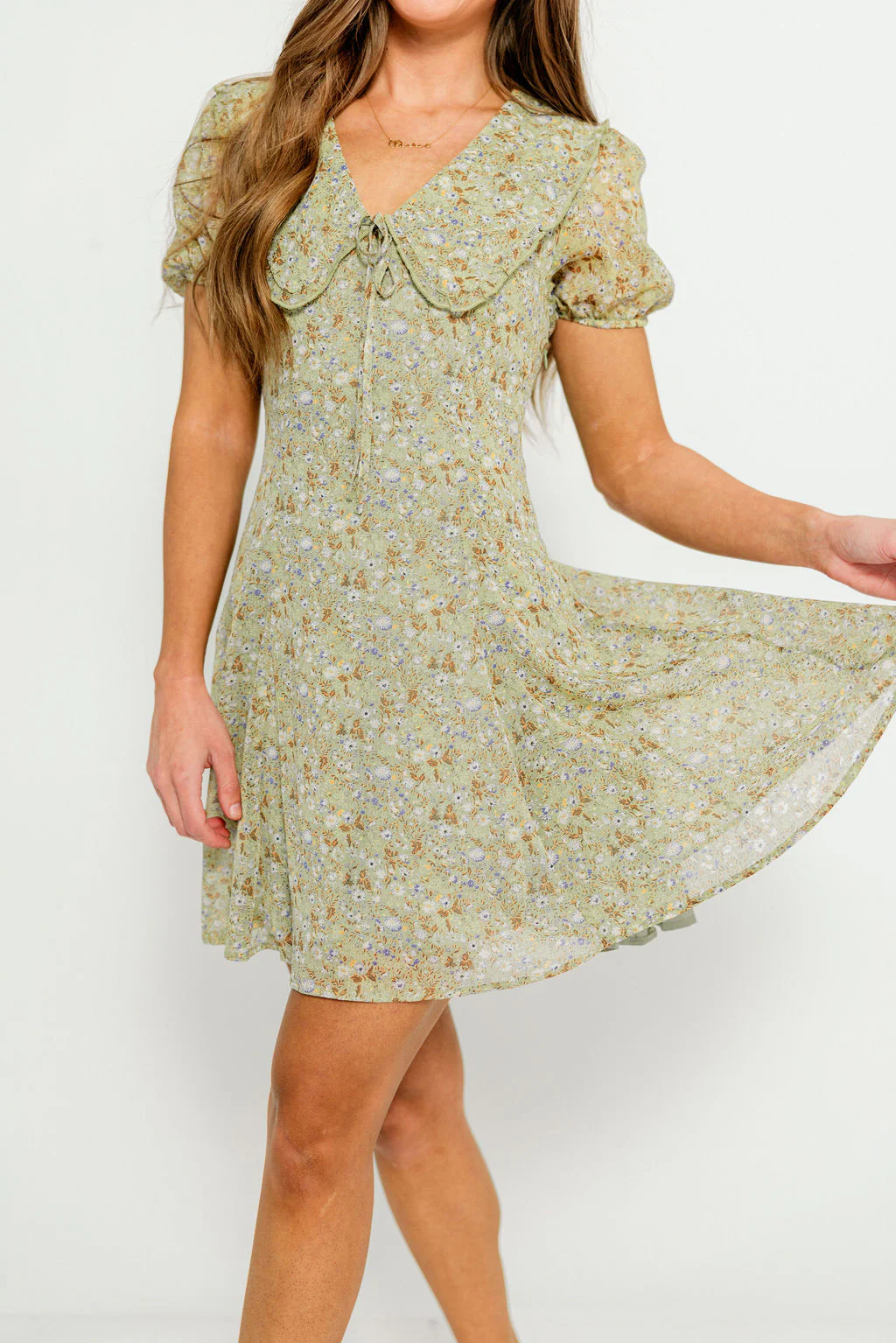 Samantha Floral Doll Collar Mini Dress in Fern - Image 6