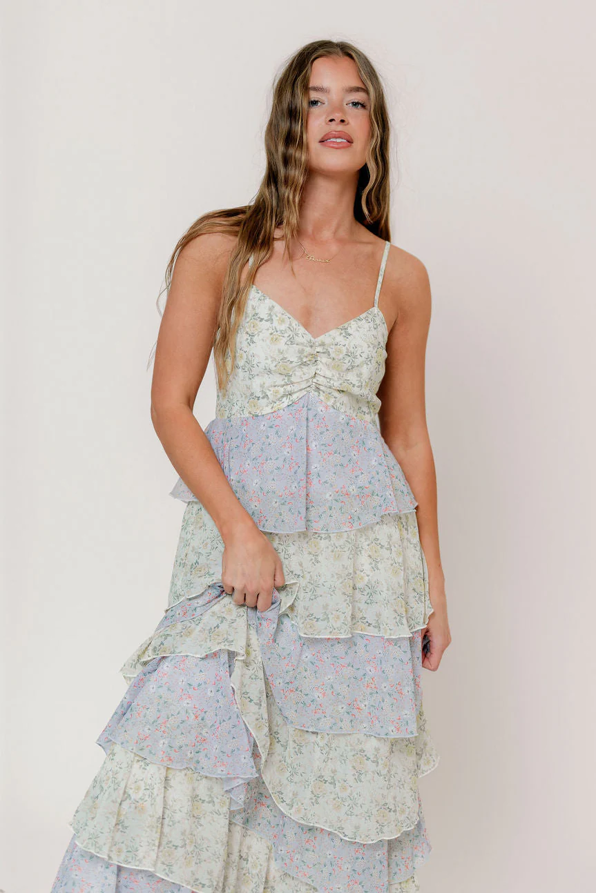 Reina Floral Tiered Maxi Dress in Green Multi