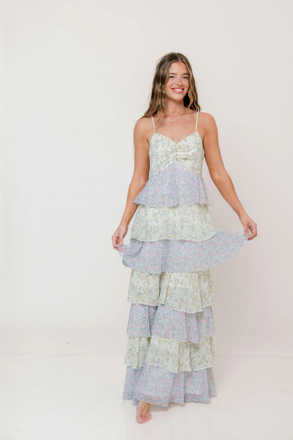 Reina Floral Tiered Maxi Dress in Green Multi - Image 2