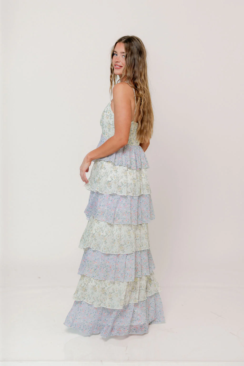 Reina Floral Tiered Maxi Dress in Green Multi - Image 3