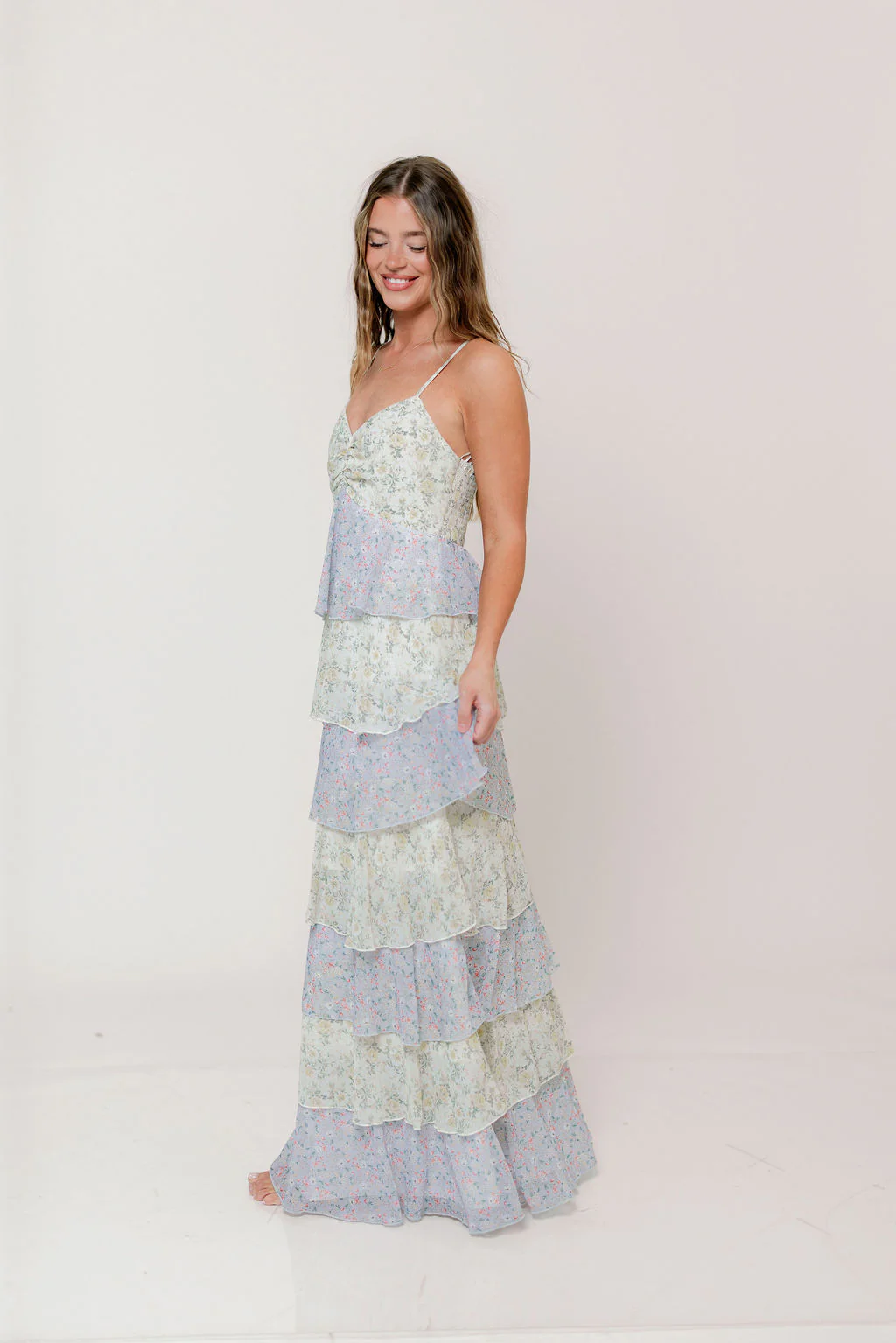 Reina Floral Tiered Maxi Dress in Green Multi - Image 4
