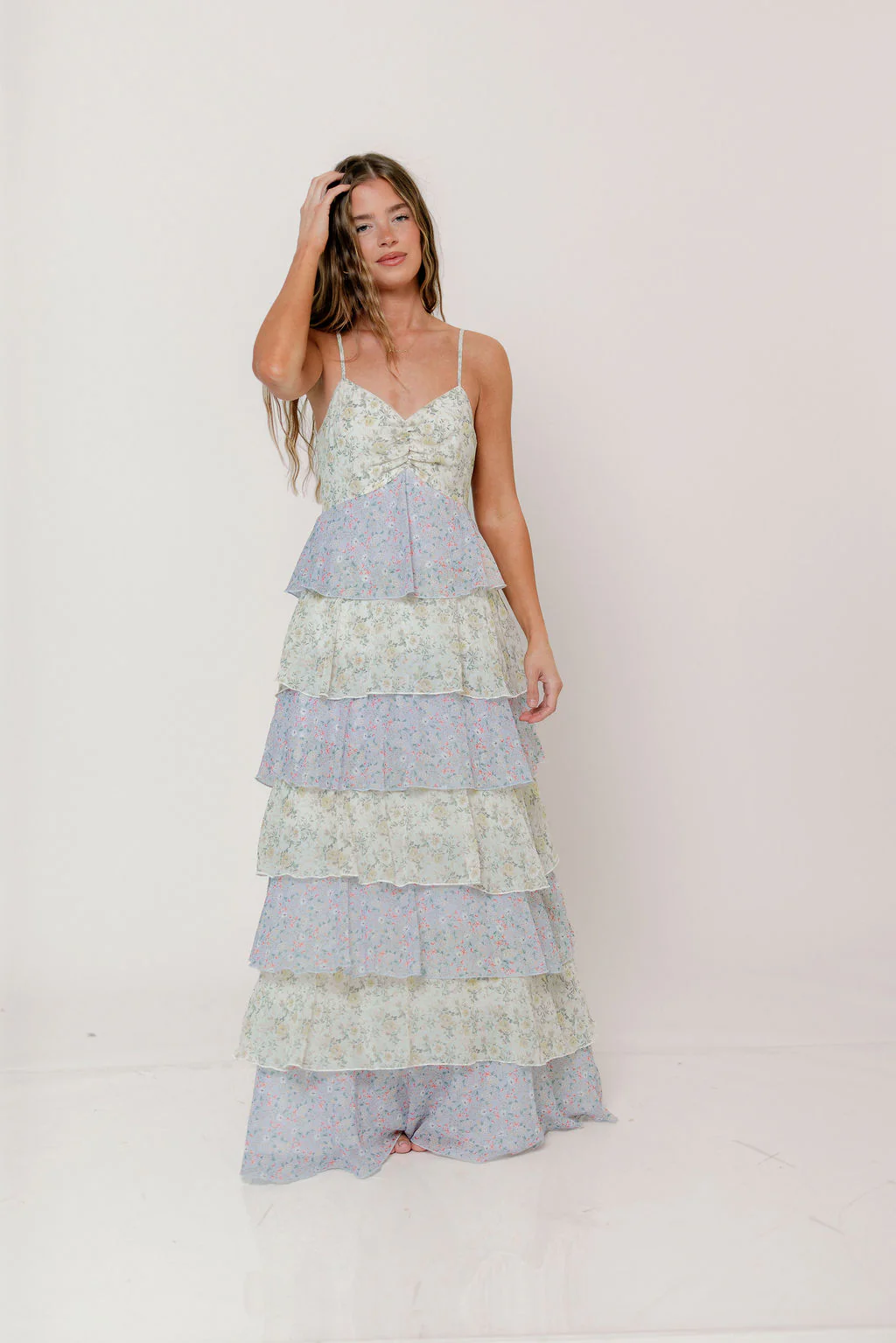Reina Floral Tiered Maxi Dress in Green Multi - Image 5