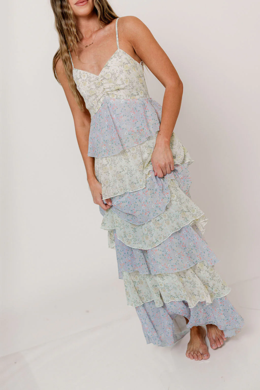 Reina Floral Tiered Maxi Dress in Green Multi - Image 6
