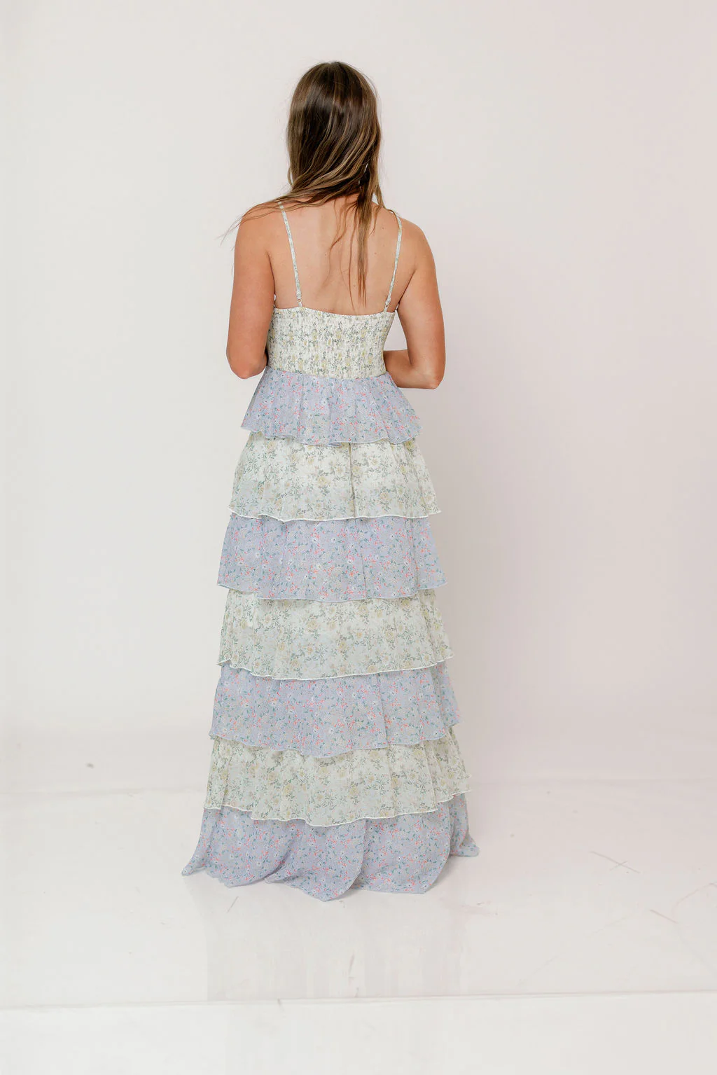 Reina Floral Tiered Maxi Dress in Green Multi - Image 7