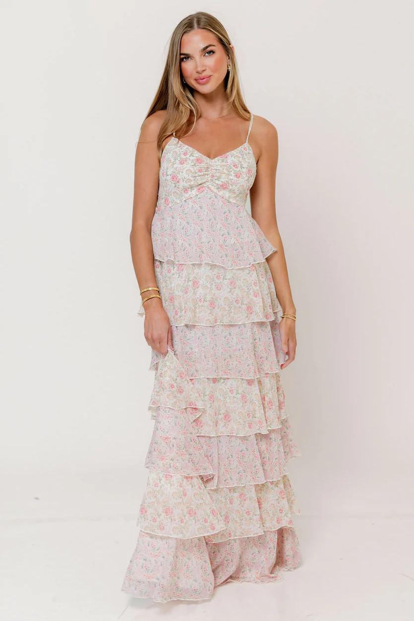 Reina Floral Tiered Maxi Dress in Pink Multi