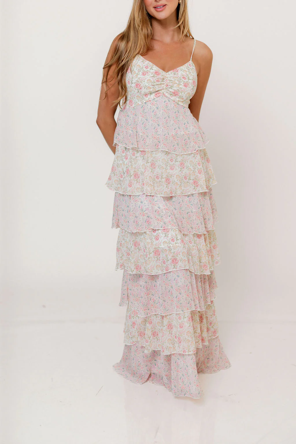 Reina Floral Tiered Maxi Dress in Pink Multi - Image 10