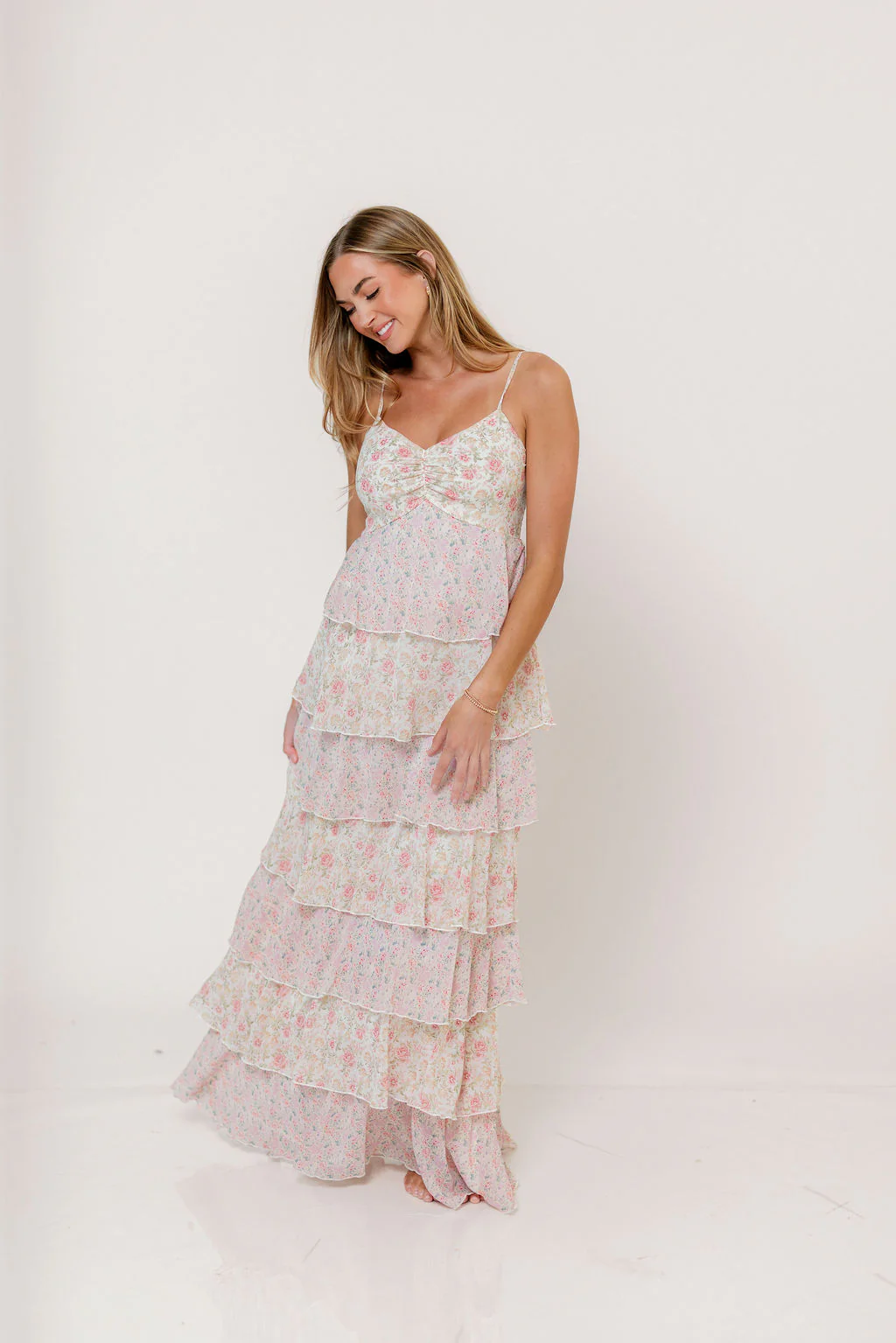 Reina Floral Tiered Maxi Dress in Pink Multi - Image 3