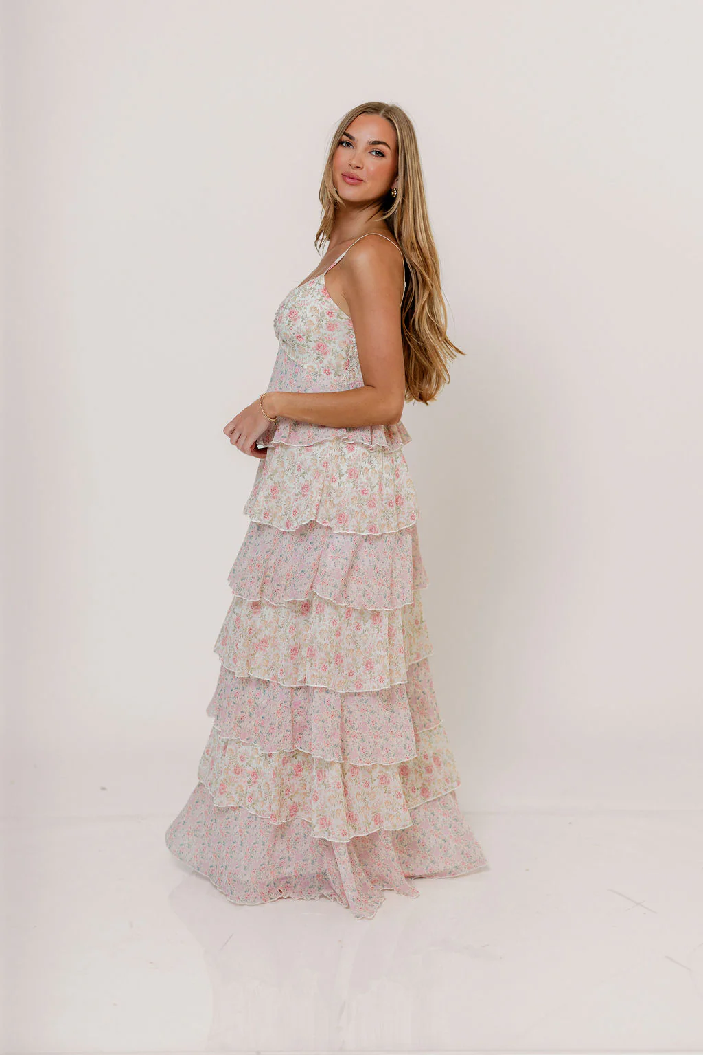 Reina Floral Tiered Maxi Dress in Pink Multi - Image 5