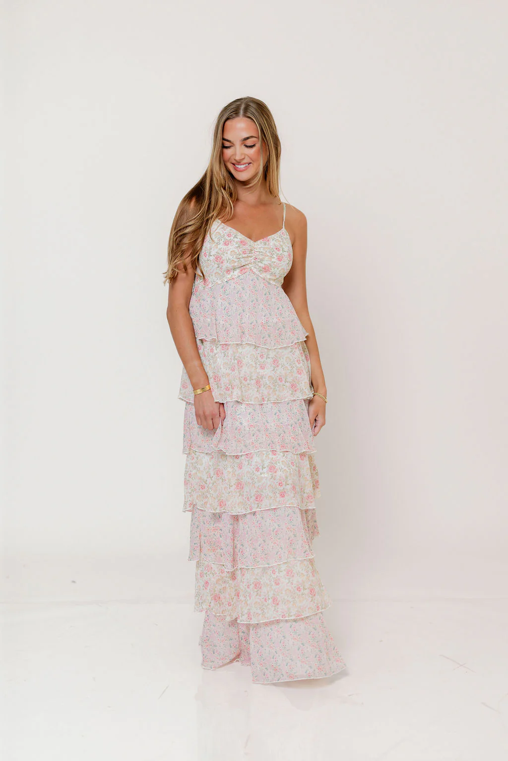Reina Floral Tiered Maxi Dress in Pink Multi - Image 7