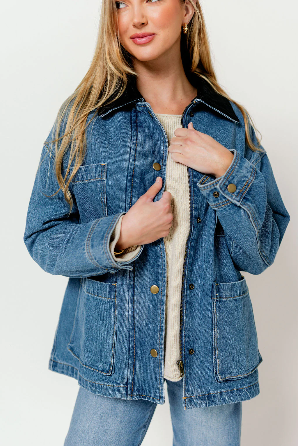Max Corduroy Collar Denim Utility Jacket in Denim - Image 3