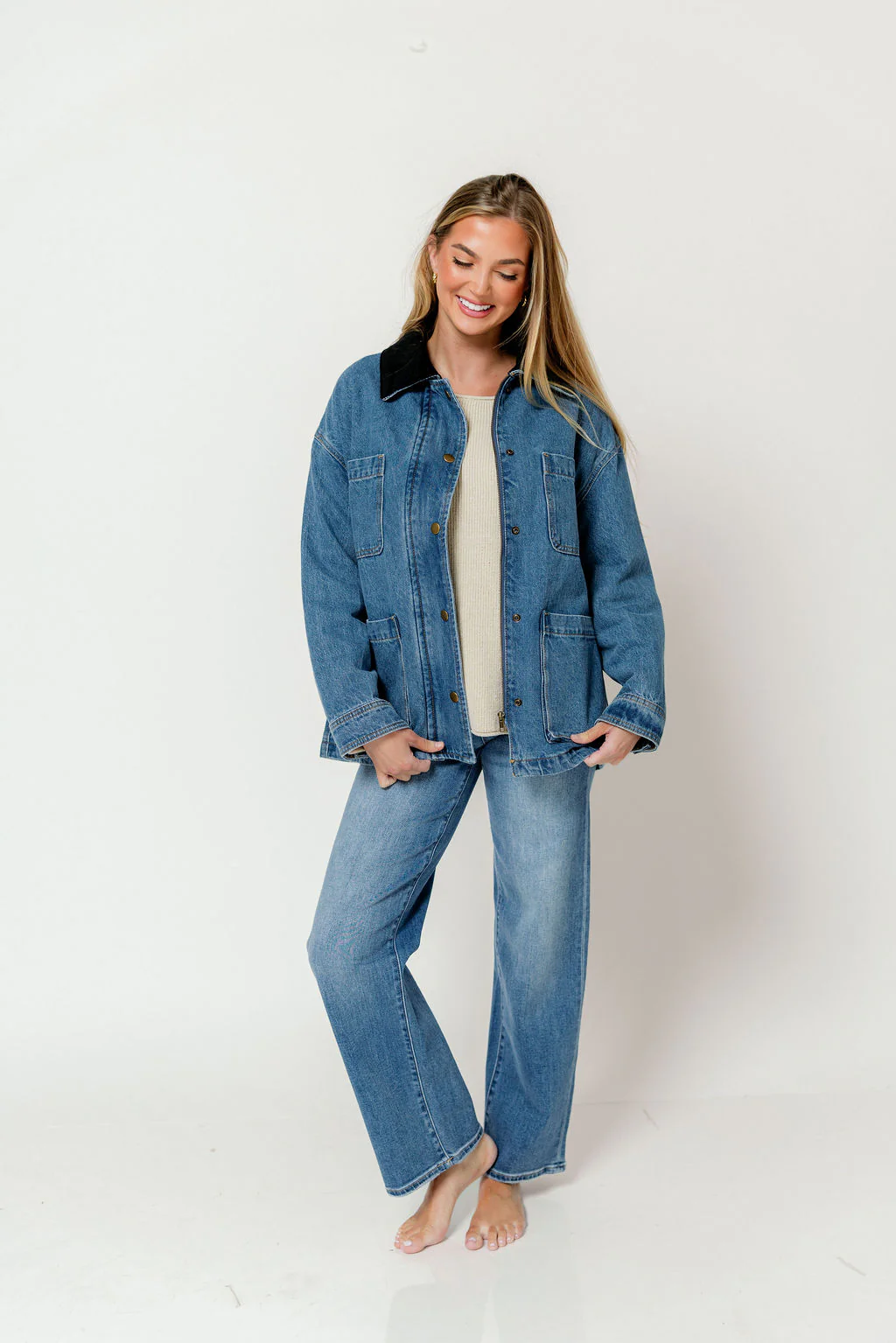 Max Corduroy Collar Denim Utility Jacket in Denim - Image 4