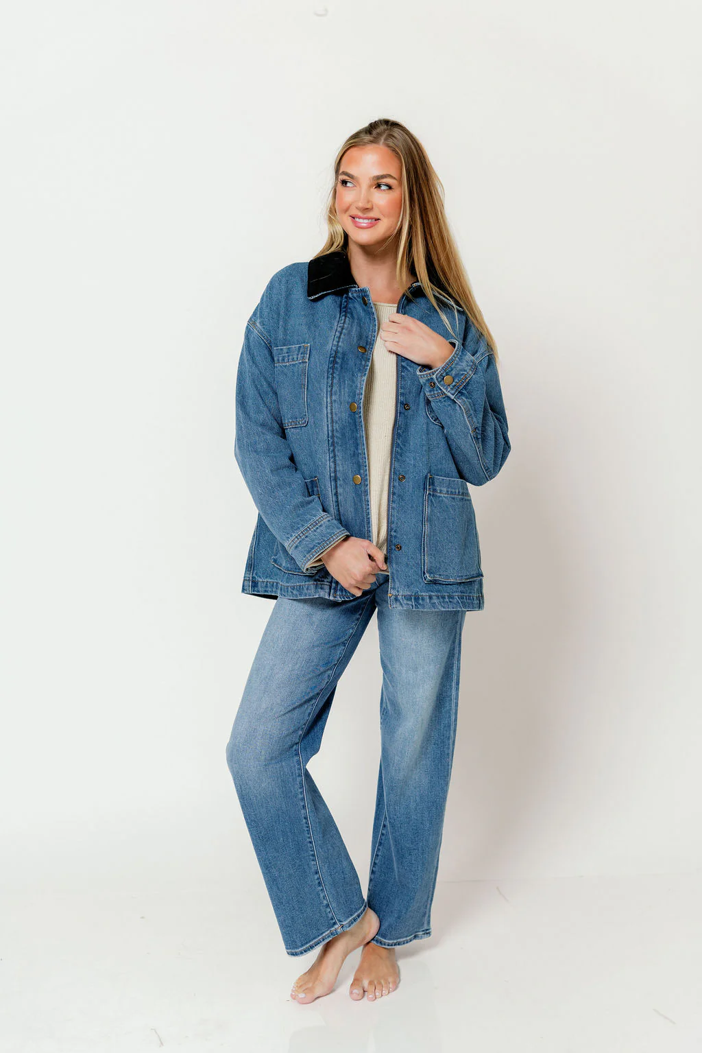 Max Corduroy Collar Denim Utility Jacket in Denim - Image 5