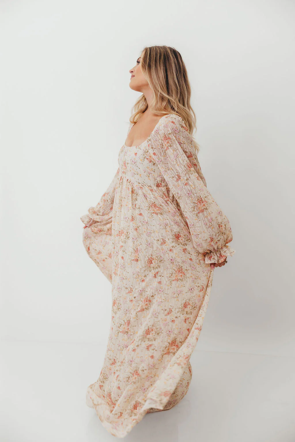 Rosey Woven Floral Print Empire Maxi Dress in Cream Multi - Bump Friendly - Image 10