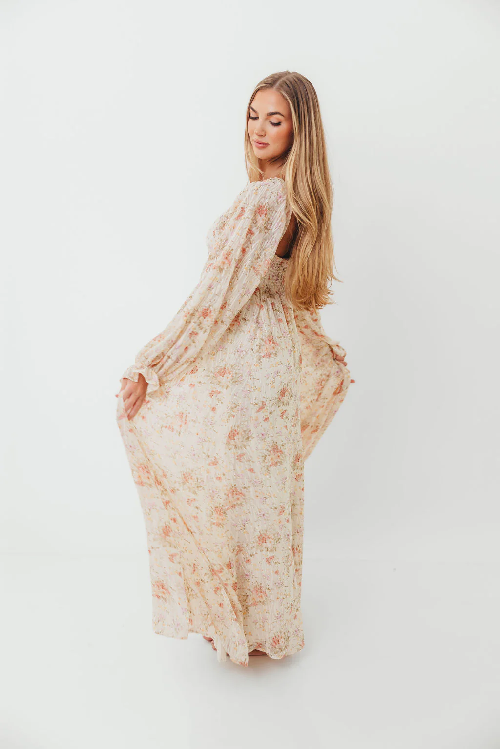 Rosey Woven Floral Print Empire Maxi Dress in Cream Multi - Bump Friendly - Image 13