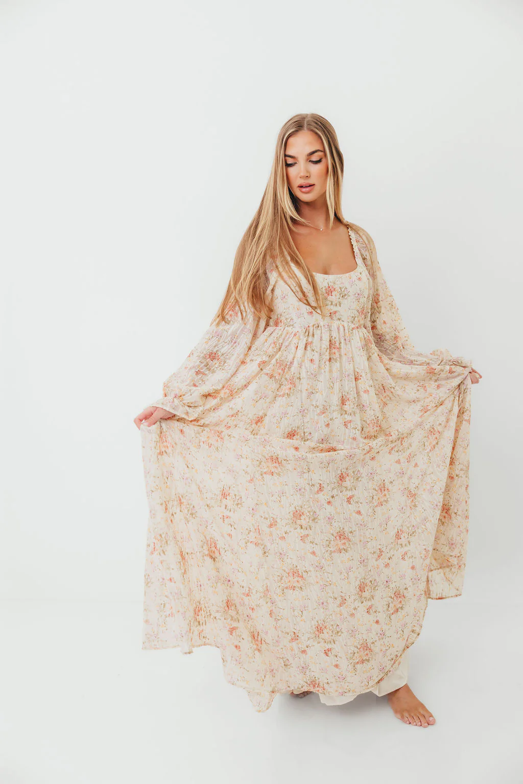 Rosey Woven Floral Print Empire Maxi Dress in Cream Multi - Bump Friendly - Image 15