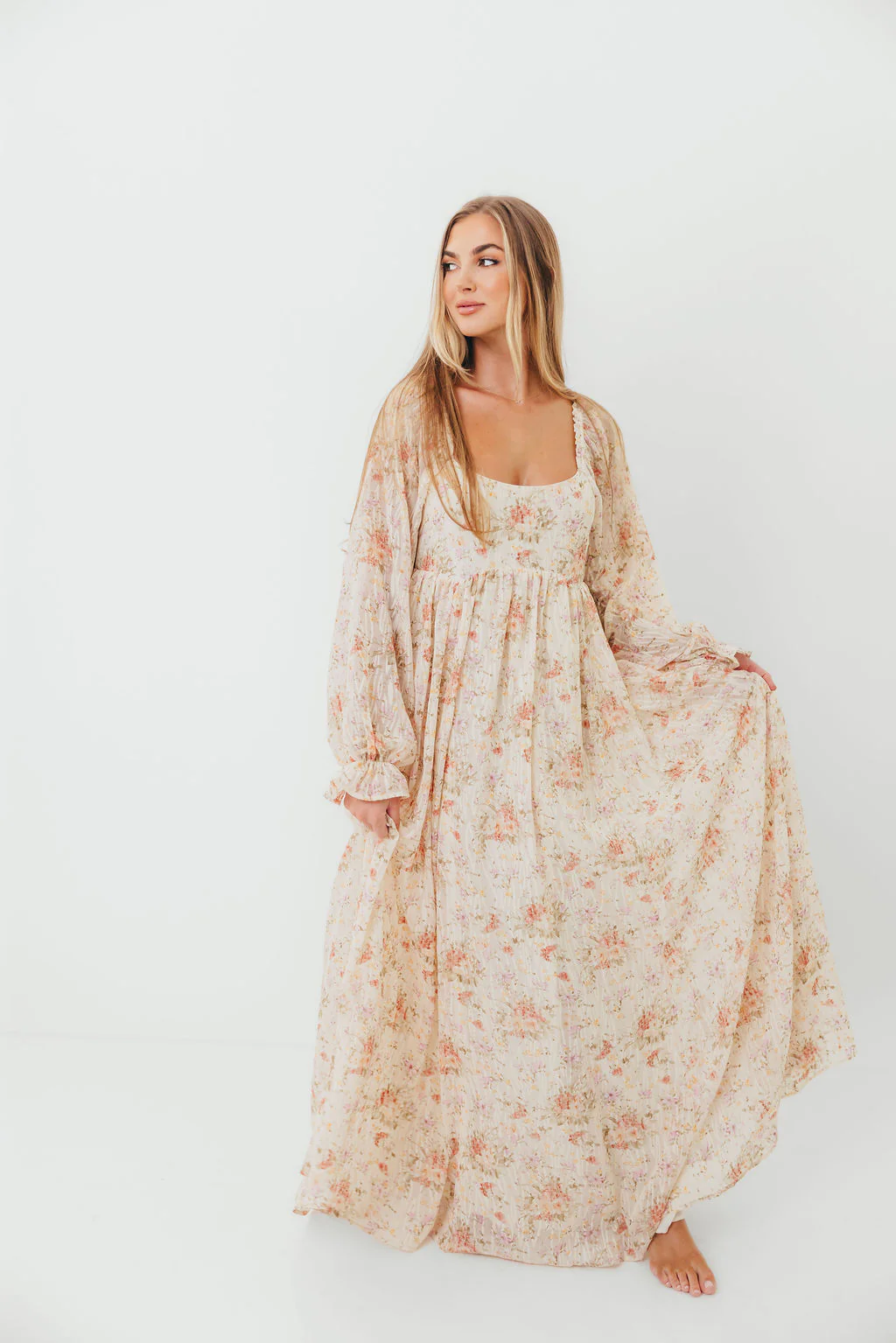 Rosey Woven Floral Print Empire Maxi Dress in Cream Multi - Bump Friendly - Image 16