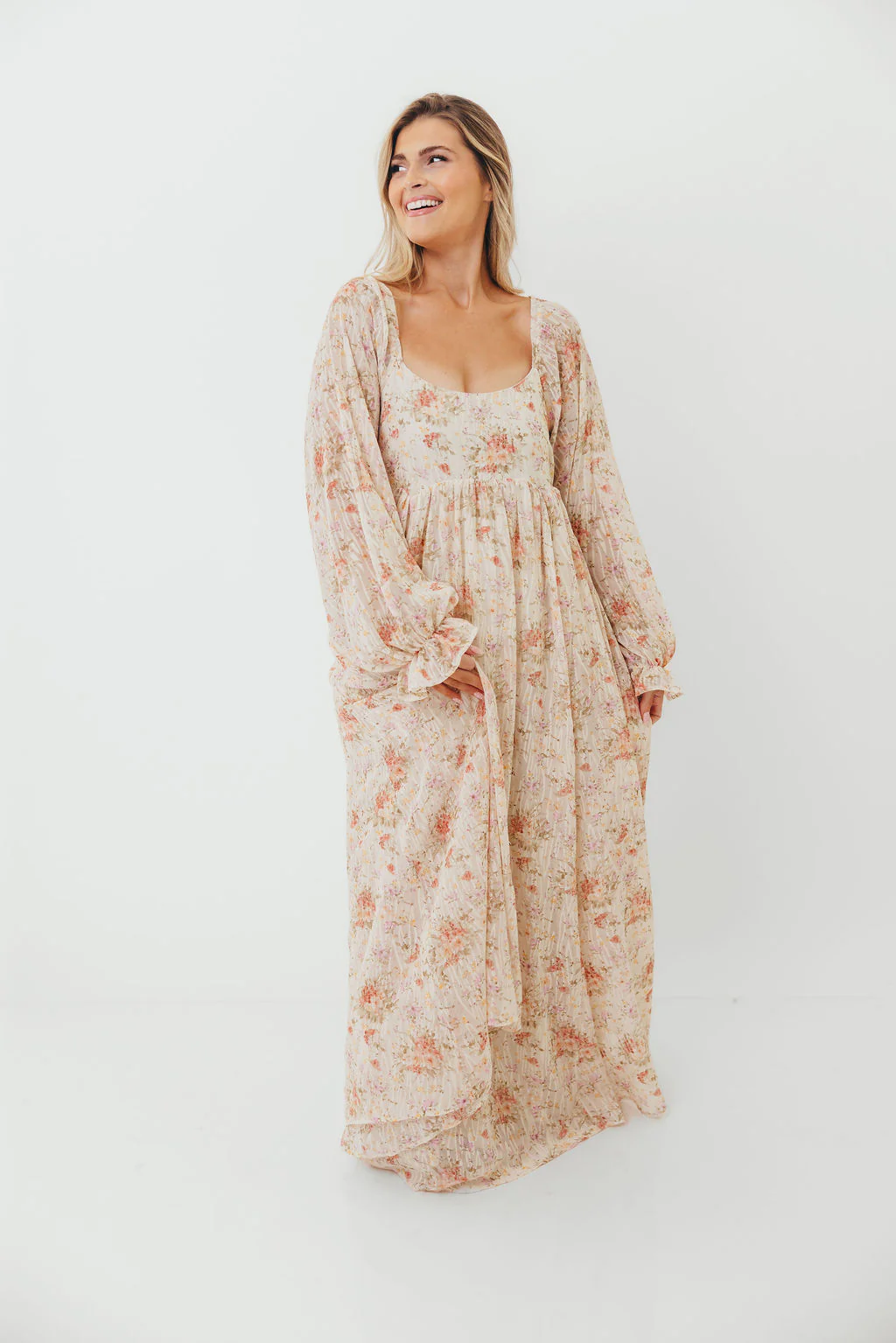 Rosey Woven Floral Print Empire Maxi Dress in Cream Multi - Bump Friendly - Image 20