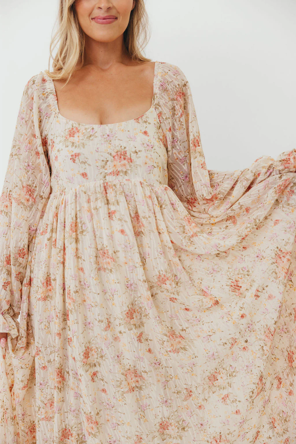 Rosey Woven Floral Print Empire Maxi Dress in Cream Multi - Bump Friendly - Image 22