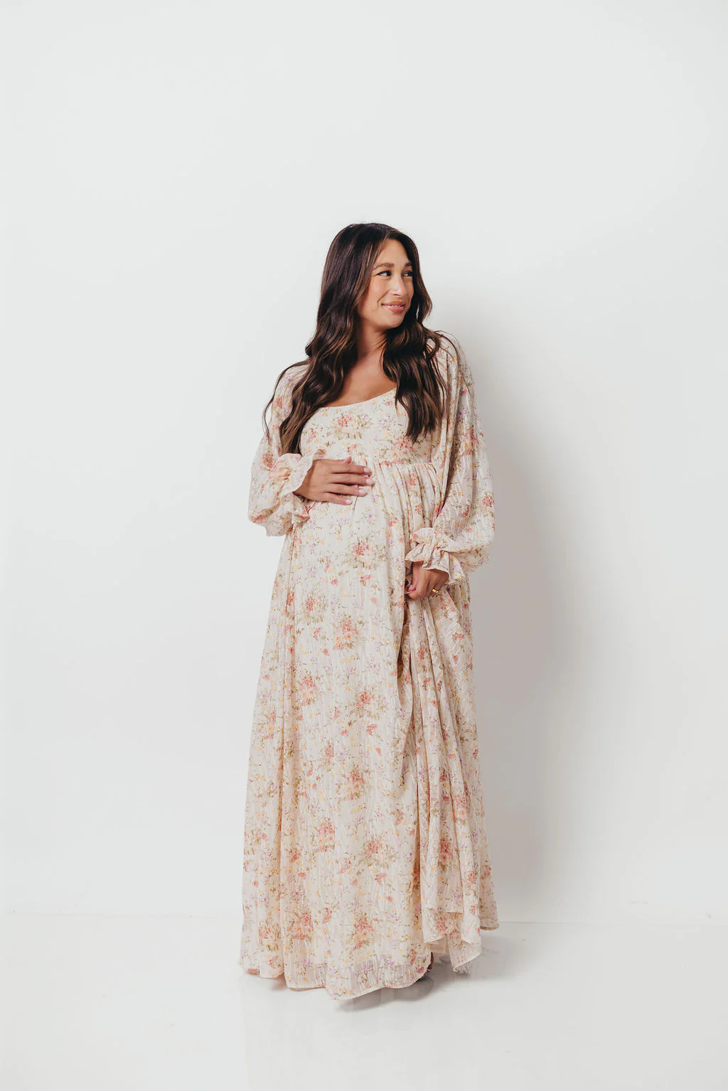 Rosey Woven Floral Print Empire Maxi Dress in Cream Multi - Bump Friendly - Image 27