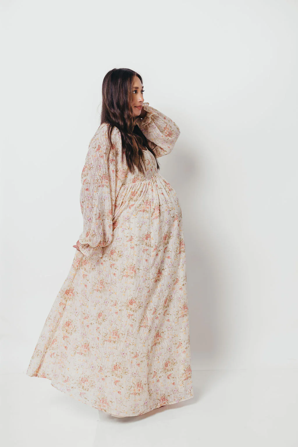 Rosey Woven Floral Print Empire Maxi Dress in Cream Multi - Bump Friendly - Image 29