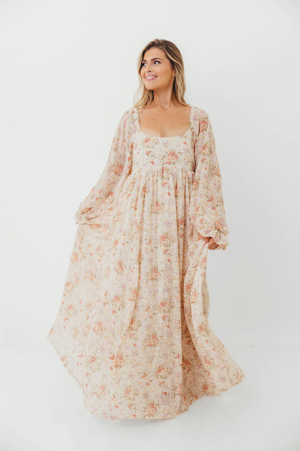 Rosey Woven Floral Print Empire Maxi Dress in Cream Multi - Bump Friendly - Image 3