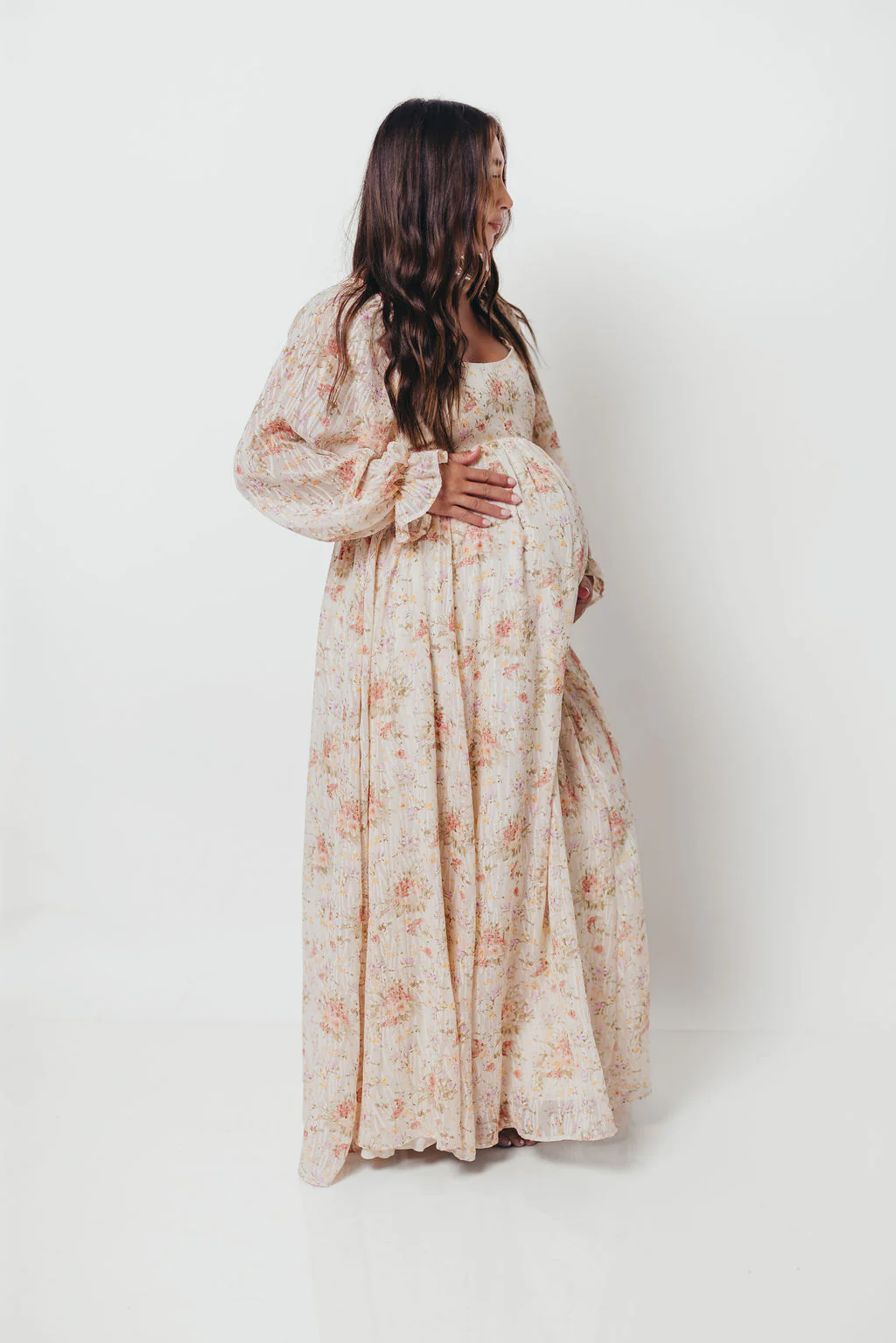 Rosey Woven Floral Print Empire Maxi Dress in Cream Multi - Bump Friendly - Image 30